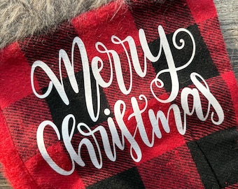 Buffalo Plaid Christmas Stocking, Merry Christmas Stocking, Rustic Farmhouse Christmas Decor, Faux Fur Holiday Stocking