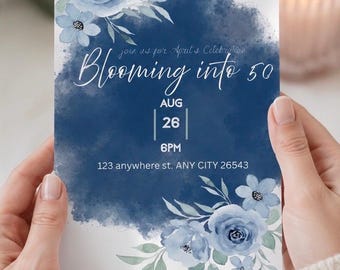Blooming Into 50 Birthday Invitation | Elegant 50th Birthday Party Invite | Blue Floral Birthday Invitation | Milestone Celebration