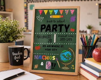 Back to School Party Invitation Template | Chalkboard School Bash Invite | Editable Printable Teacher PTO Classroom Event Download