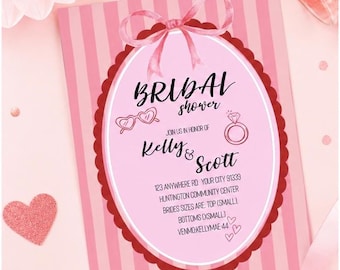 Pink Striped Bridal Shower Invitation | Bow Bridal Shower Invite | Elegant Bachelorette Party Invitation | Blush Pink Wedding Shower Invite