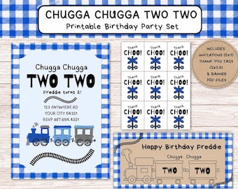 Chugga Chugga Two Two Birthday Party Bundle | Train Birthday Printable Pack | Train Invitation, Banner & Thank You Tags | Instant Download