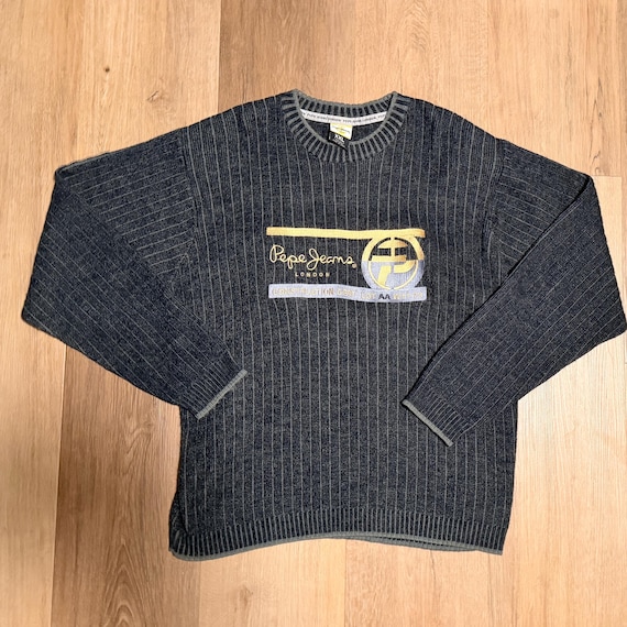 Pepe Jeans, Rare Vintage Pepe Jeans London Wool Grandpa Sweater Knit : XXL 90s Embroidered