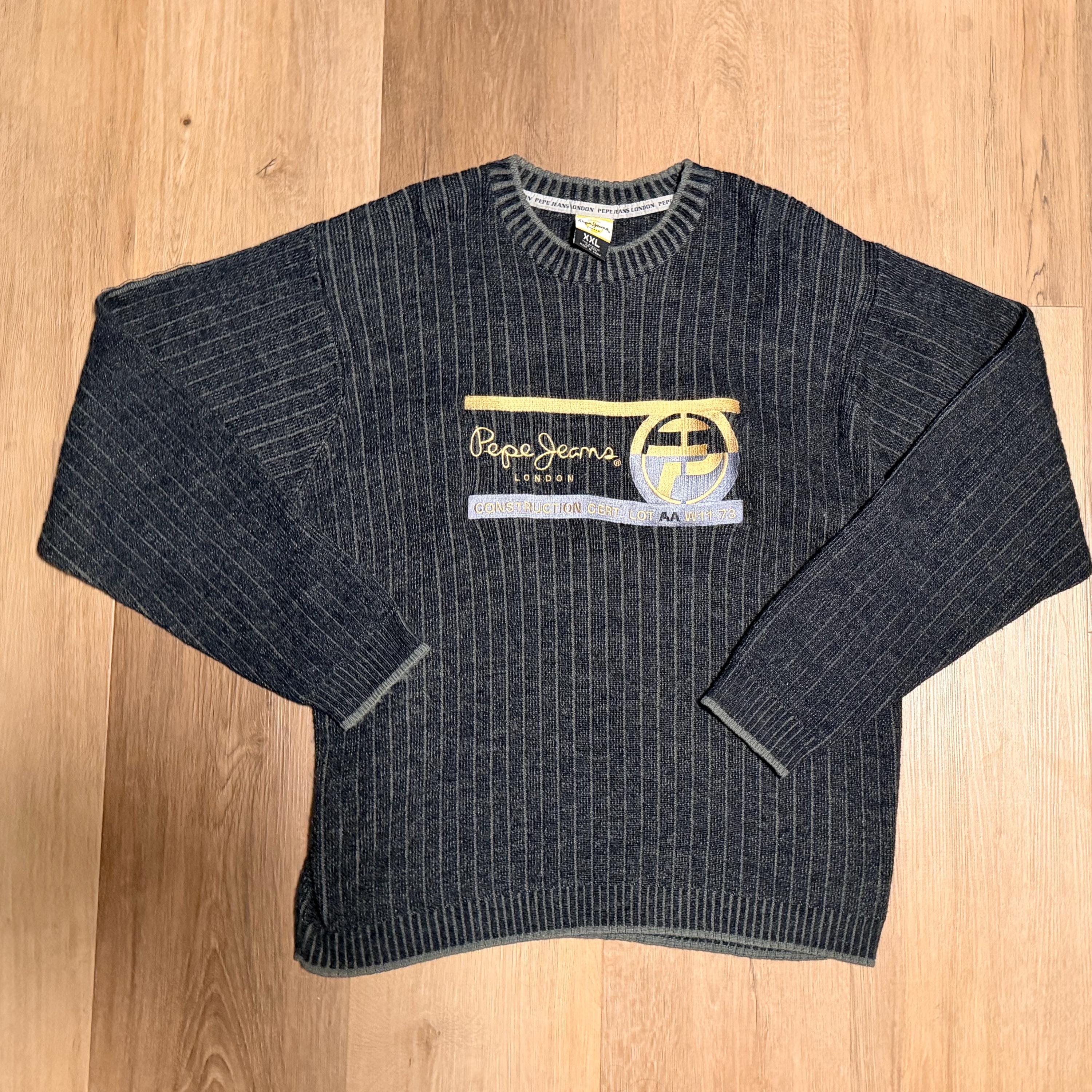 Pepe Jeans, Rare Vintage Pepe Jeans London Wool Grandpa Sweater Knit : XXL 90s Embroidered