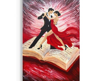 Cuadro original de tango romántico de 60 x 40 cm, arte de pareja bailando apasionadamente, arte de pared de bailarina con vestido rojo, cuadro de historia de amor sobre lienzo
