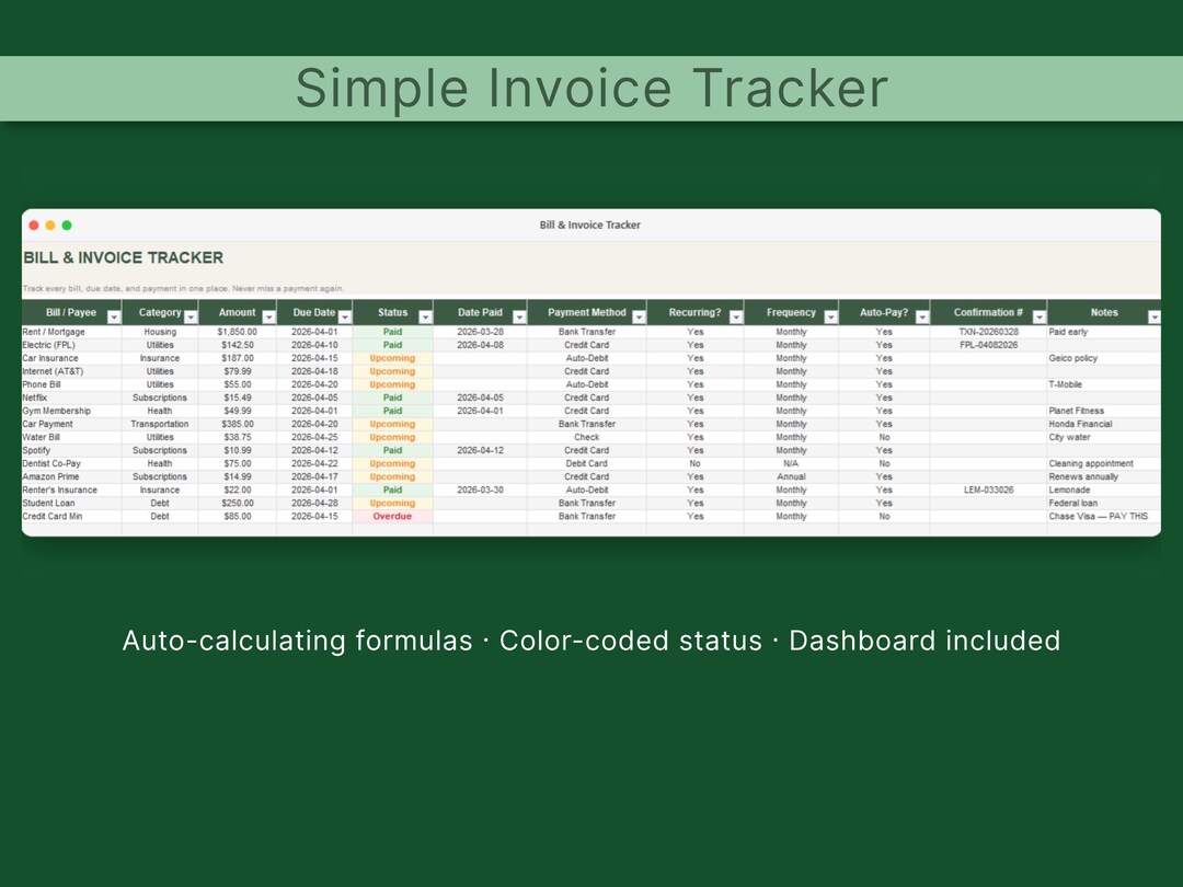 Invoice Tracker Spreadsheet: Google Sheets, Excel Bill Payment ...