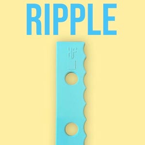May include: A light blue rib tool with a wavy edge and two circular holes. The word "RIPPLE" is in large blue letters above the tool. The text "Rib tool" is below the tool on a yellow background.