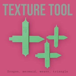 May include: Three green texture tools with cross-shaped designs and arrow-like extensions are displayed against a pink background. The tools have a vertical section with a logo and a textured surface. The text "TEXTURE TOOL" is at the top.