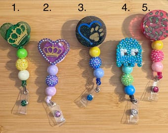 Handmade Beaded Badge Reel: Crown, Paw Print, Pac-Man Designs ID Holder