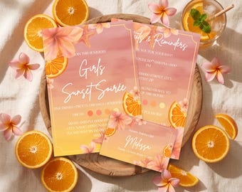 Paquete de invitaciones para fiesta de verano con puesta de sol tropical / Plantilla de Canva para fiesta de chicas (descarga digital)