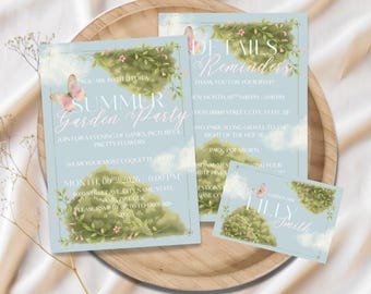Paquete de plantillas de invitación para fiestas en el jardín Coquette, invitación floral veraniega editable, imprimible, para dispositivos móviles (descarga digital)