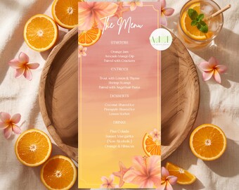 Menú para velada al atardecer / Noche de chicas de verano / Plantilla de Canva para fiestas temáticas tropicales (descarga digital)