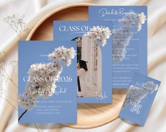 Plantilla de invitación de graduación con diseño de flores de cerezo, invitación floral de graduación (descarga digital)