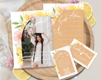 Paquete de invitaciones de graduación con diseño de limón, invitación a fiesta con estampado floral cítrico (descarga digital)