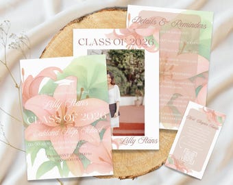 Plantilla de invitación de graduación floral, lirios en acuarela, editable en Canva (descarga digital)