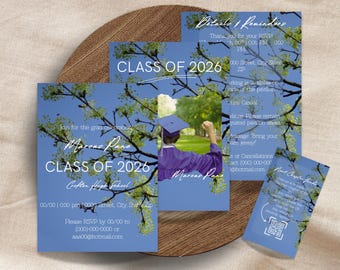 Plantilla de invitación de graduación botánica verde (Clase de 2026), Tarjeta de fondos QR (Descarga digital)