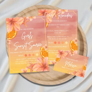 May include: A set of three printed cards featuring a sunset-themed gradient background with orange slices, hibiscus flowers, and starfish illustrations. The text includes Girls Sunset Soirée, Details & Reminders, and a name tag for Melissa.
