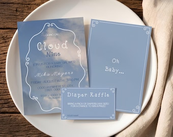 Blue Cloud Nine Baby Shower Editable Invite Template Bundle Diaper Raffle Included Modern Rustic Minimalist Gender Neutral Shower
