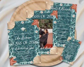 Plantilla de invitación de graduación con diseño floral playero, invitación para fiesta de graduación costera (impresión 5x7)