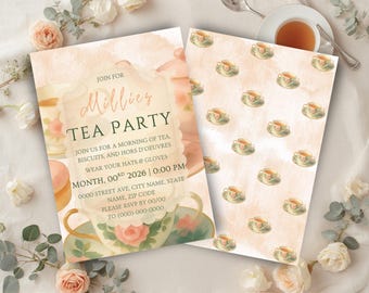 Invitación para fiesta de té, diseño floral vintage, brunch para damas en verde salvia (descarga digital)