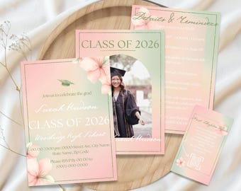 Plantilla de invitación de graduación con flores rosas, anuncio de fiesta de graduación Coquette (descarga digital), impresión, Evite