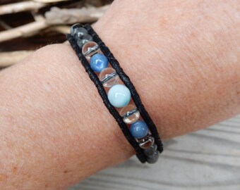 Ocean Wrap Cuff Bracelet for Marine Lover -Blue Black Healing Stones -Natural Larimar Gemstone -Vegan Jewelry Gift for Sea Friend -Japanese
