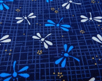 Blue Dragonfly Fabric Made in Japan -Authentic Japanese Motif Cotton Cloth -Handmade Sewing Quilting Zakka Pouch Coaster -Tombo Print