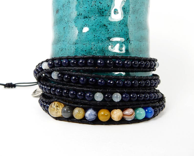 Solar System Bracelet Japanese Power Stone Leather Wrap Bracelet Galaxy Bracelet Space Jewelry Sun Planets Stars Genuine Stone Jewelry