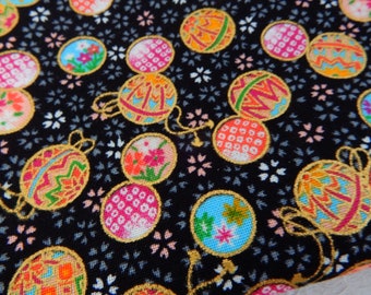 Black Japanese Temari 和風 Hand Ball Fabric Made in Japan -Authentic Japanese Cotton Cloth -DIY Handmade Sewing Quilting Zakka Pouch Coaster