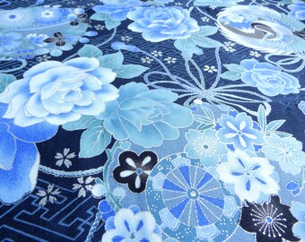 Japanese Motif Blue Silver Tsuru Cranes Sakura 和風 Wafu Fabric -Half Meter Authentic Japan Traditional Print -Quilt Pouch Zakka Handmade Gift