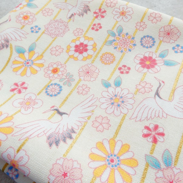 Ecru Crane Flower 和風 Wafu Fabric Made in Japan -Authentic Japanese Traditional Motif Cloth -DIY Handmade Sewing Quilting Zakka Pouch Coaster