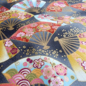 Japanese Sensu Fan Pattern 和風 Wafu Fabric with Gold Half Meter Authentic Japan Traditional Motif Cloth Quilt Pouch Zakka Handmade Gift image 1