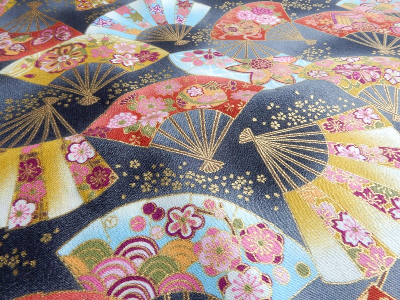 Japanese Sensu Fan Pattern 和風 Wafu Fabric with Gold Half Meter Authentic Japan Traditional Motif Cloth Quilt Pouch Zakka Handmade Gift image 1