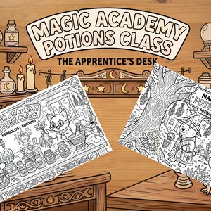 May include: Two rectangular coloring pages featuring Magic Academy Potions Class themes. One page shows a bear in a wizard hat sorting herbs, labeled Herbology Sorting. The other shows a bear and fox foraging at night, labeled Midnight Foraging.