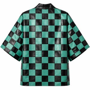 May include: A short-sleeved jacket featuring a black and teal chequered pattern. The jacket has a collar and is made of a leather-like material. The back of the jacket is visible, showcasing the full chequered design.