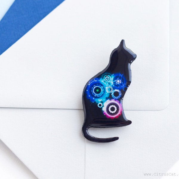 Black cat brooch with neon blue pink gears, cat jewelry, gears jewelry, neon jewelry, black brooch, geek jewelry, steampunk, techie