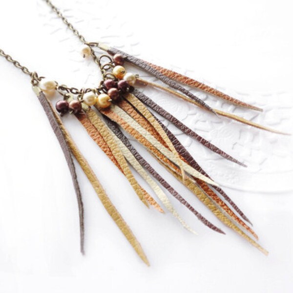 Autumn kiss - Leather necklace with pearl beads in brown palette. Bohemian style