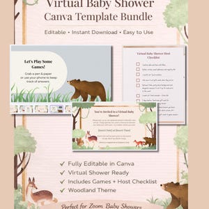 Peut inclure: Un ensemble de modèles numériques pour une baby shower virtuelle, sur le thème de la forêt. Comprend des modèles Canva modifiables, une liste de contrôle pour l'hôte et des jeux. Le design comprend des illustrations d'ours, de cerfs et de renards.