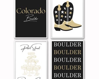 Colorado Boulder Prints, Dorm Decor, Preppy Black Gold (Set of 4 Digital Download)