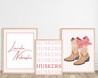Nebraska Prints Set of 3 Preppy Cowboy College Dorm/Apartment Decor (Digital Download)