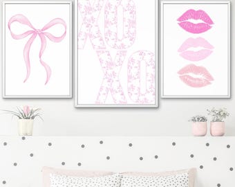Girly Pink Set of 3 Wall Art, Bows, Kisses, XOXO Posters (Digital Download)