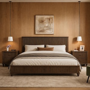 May include: A dark wood bed frame with a vertical slatted headboard and footboard, featuring a beige duvet, two light-colored pillows, and a small brown accent pillow. Two matching wooden nightstands flank the bed, each topped with a white pendant light.