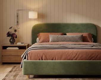 Velvet Platform Bed Frame, Curved Headboard, Olive Green Upholstered Bed (Queen/King)