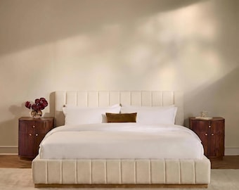 Beige Upholstered Platform Bed, Modern Vertical Channel Headboard, Rubberwood Base, No Box Spring