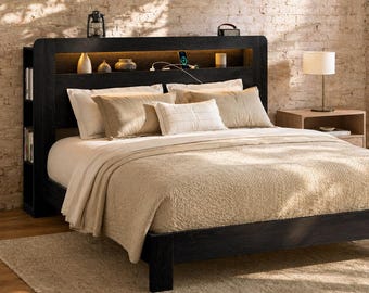 Platform Bed Frame with LED Storage Headboard, Built-in Charging Station, Black Wood Grain