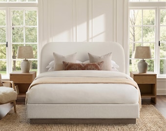 Cream Bouclé Bed, Curved Comfort Headboard, Wood Base, Reinforced Support, Queen & King Sizes