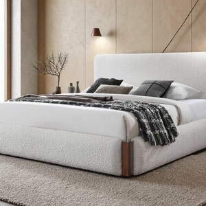 White Boucle Upholstered Bed with Solid Walnut Accents, Rounded Edges