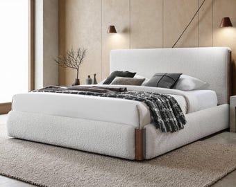 White Boucle Upholstered Bed with Solid Walnut Accents, Rounded Edges