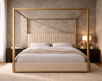 Upholstered Velvet Canopy Bed Frame, Queen King 4-Poster Design