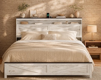 Farmhouse Platform Bed Frame, LED Headboard, 3 Charging Station, Antique White Wood Look