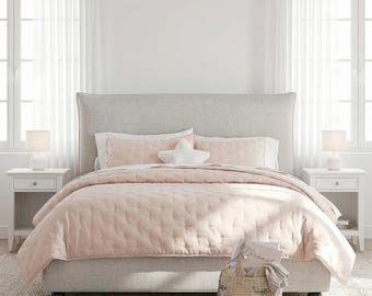 Beige Linen Pillow Back Headboard, Twin Upholstered Platform Bed, Curved Frame